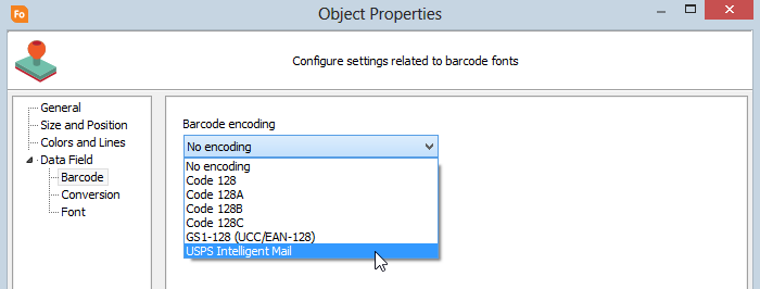 Selecting the USPS Intelligent Mail barcode encoder.